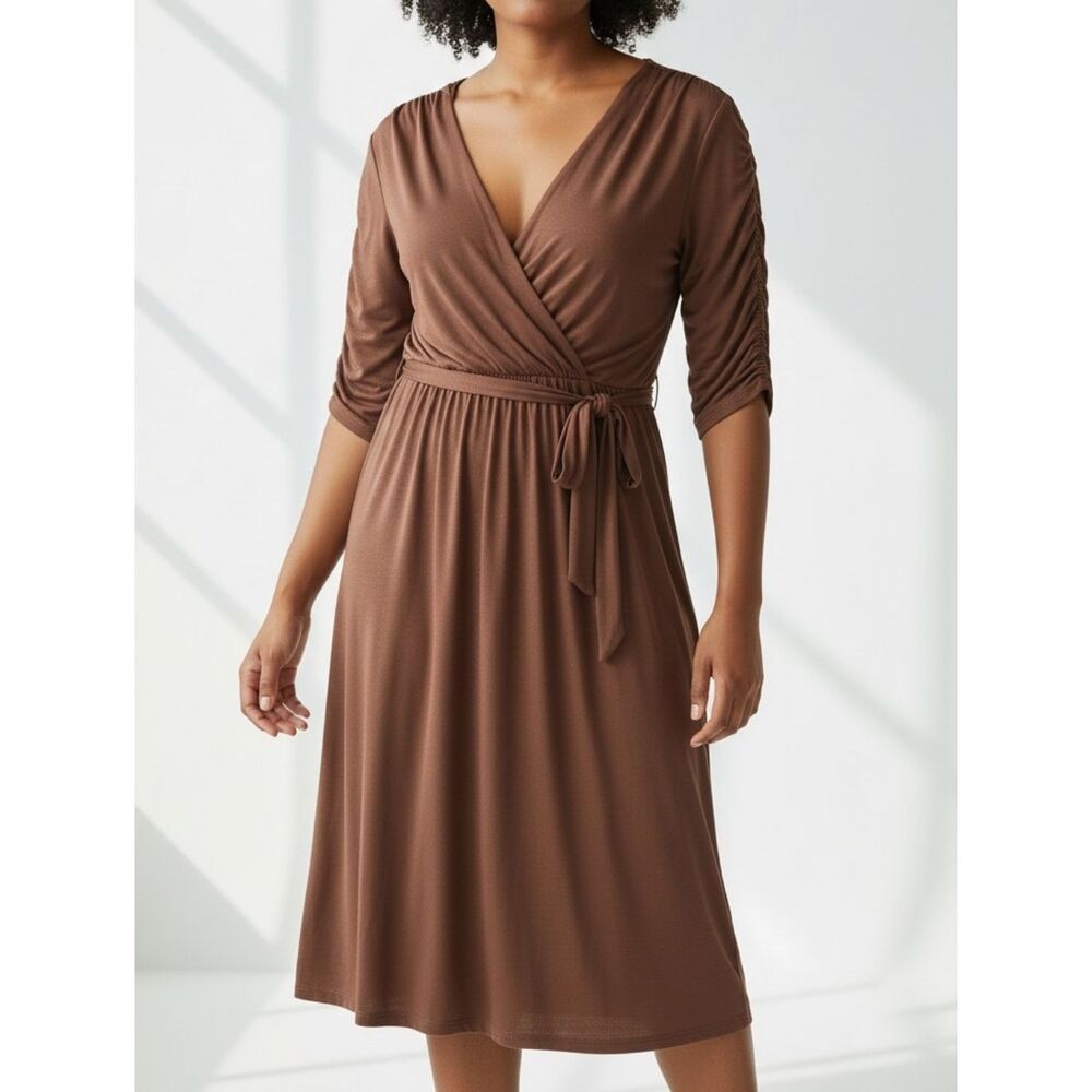 Lilian Vintage Elegant Cocoa Brown V-Neck Slinky Dress With Belt